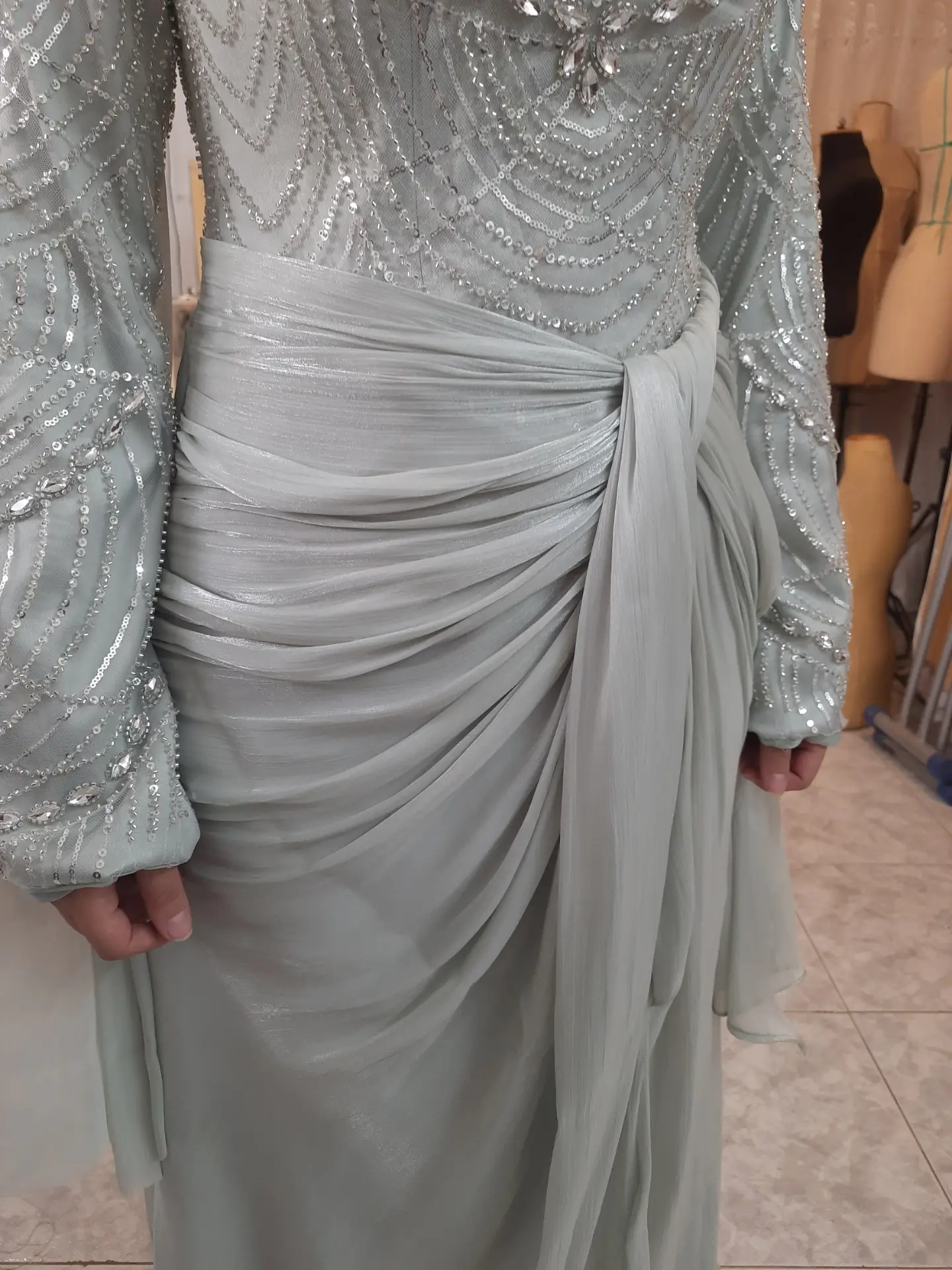 Sage beaded wrap dress